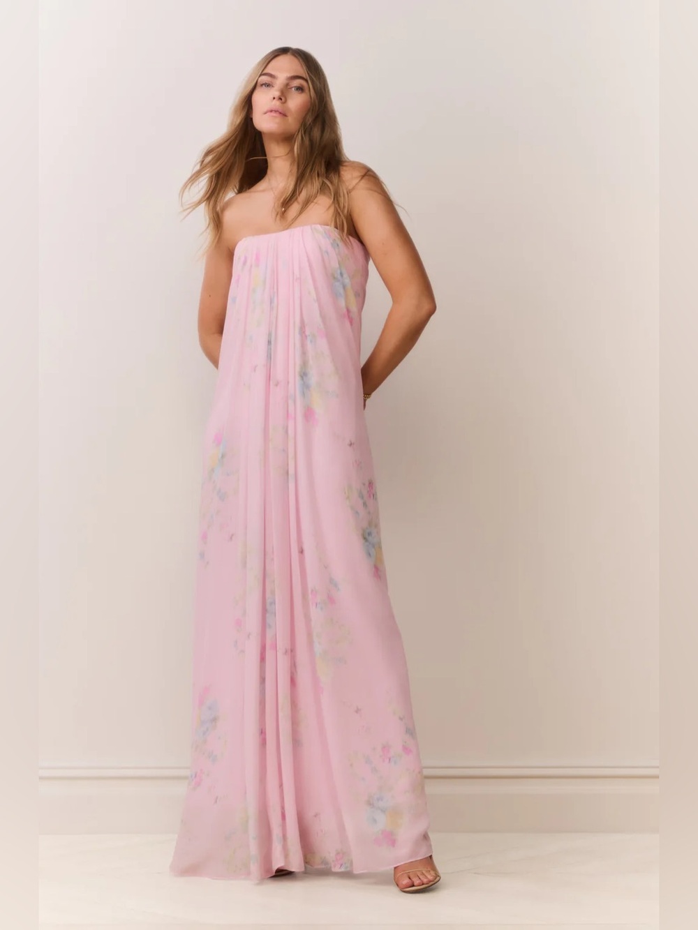 LoveShackFancy New Emara Strapless Floral Chiffon Dress Gown Rosy Trellis Size 2